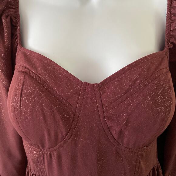 Allison & Kelly Poet Sleeve Sweetheart Neck Burgundy Gold Shimmer Mini Dress M - Picture 5 of 12
